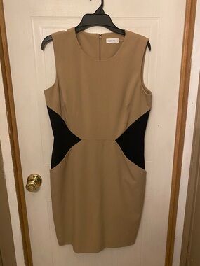 Calvin Klein Tan with Black Sleeveless Sheath Dress